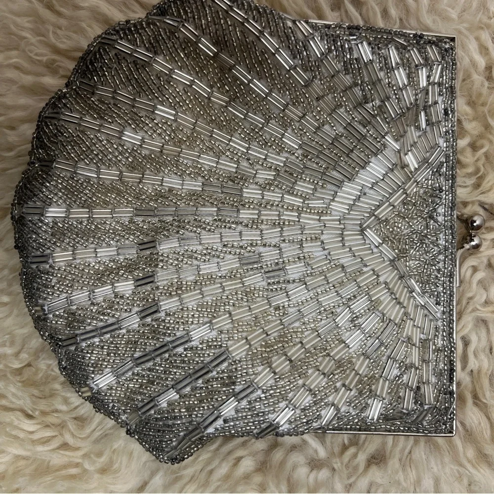 BEADED CLUTCH BAG. Silver Seed and Bugle Beads. White Satin Inside. Kiss Lock